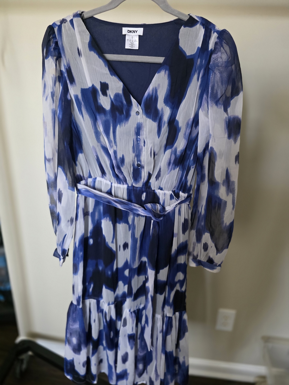 DKNY Blue Tie-Dye V-Neck Tiered Midi Dress - Picture 2 of 6